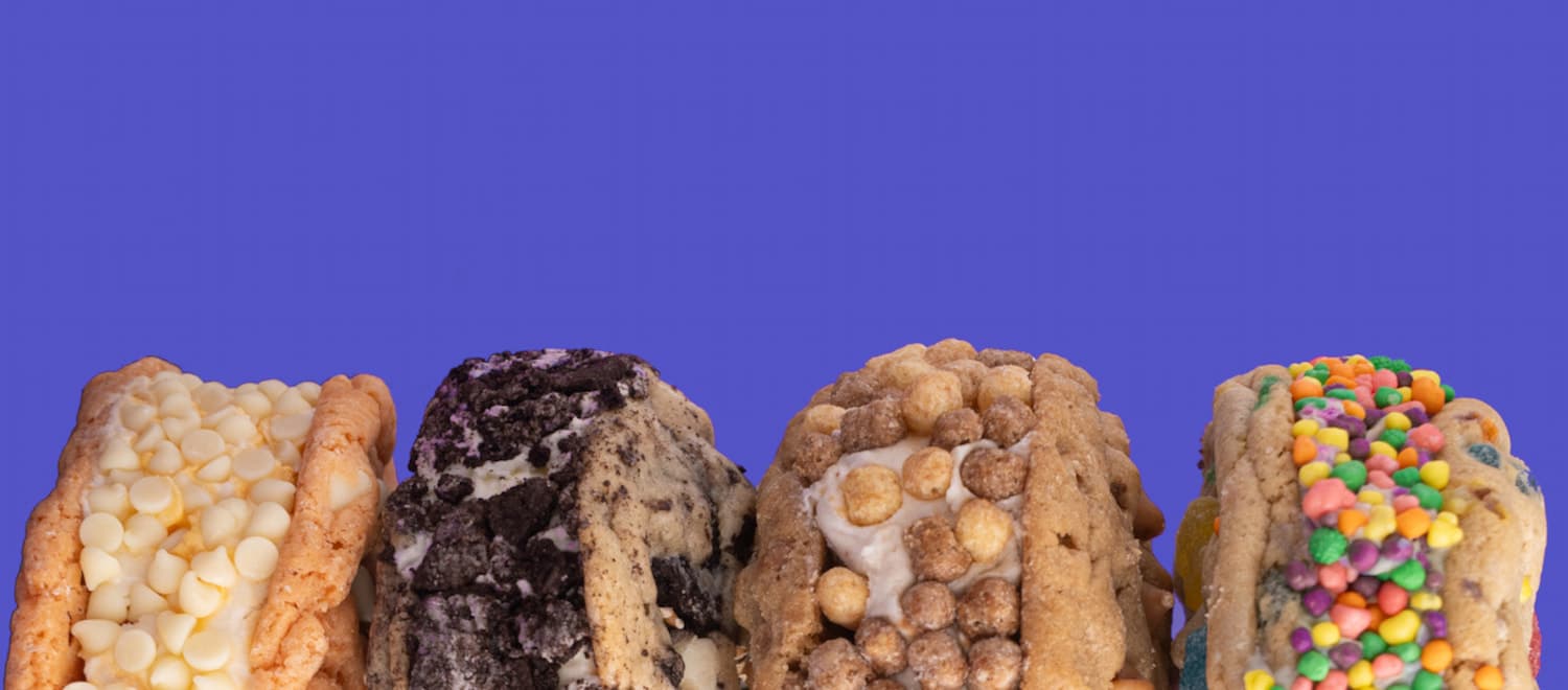 Closeup profile image of a Smooshies ice cream sandwich.